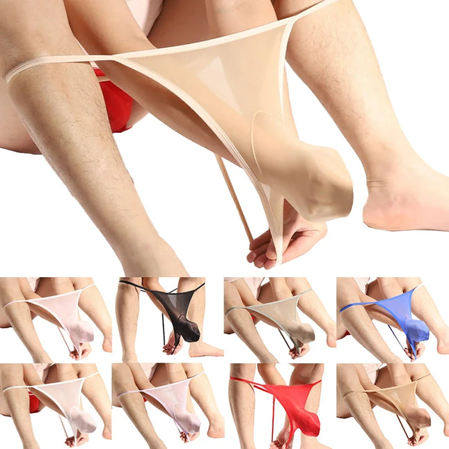 Men's Sexy Thongs Seamless Sheer See Through Stretch Pantyhose Underwear Sexy Briefs Soft Pouch Bikinis Open Back Lingeries