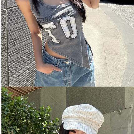 American High Street Hot Girl Slanted Collar Off-Shoulder Irregular Letter Print Camisole Vest Women's Retro Slit Top Y2K 2000s