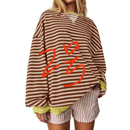 Casual Embroidered Striped Splicing Long Sleeve Crew Neck Pullover Hoodie Women's Clothing Comfortable Breathable Streetwear