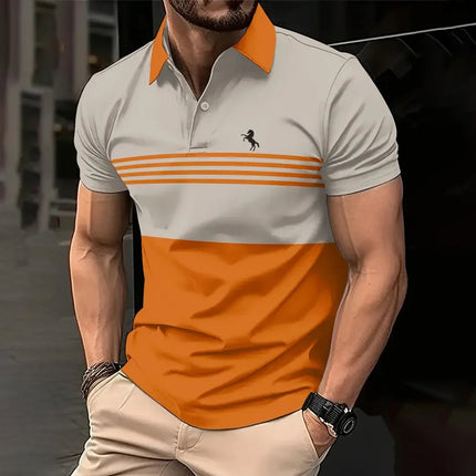 Business men's polo shirt, summer casual short-sleeved T-shirt with top striped pattern button print, loose clothing fashion polo