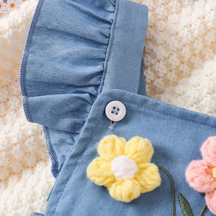 Baby Girl Soft Denim 3D Flower Embroidered Flutter Overall Romper + Bow Headband, Cute 2-Piece Outfit