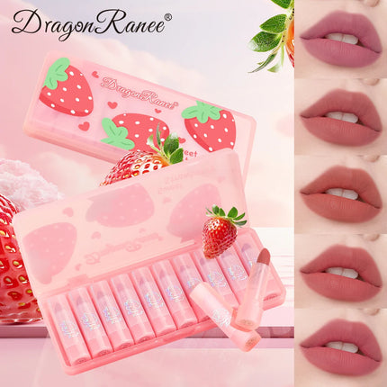 Dragon Ranee Matte Velvet Pink Strawberry Translucent 10 Pieces Lipstick Set Waterproof Sweatproof Non-Stick Lipstick Set