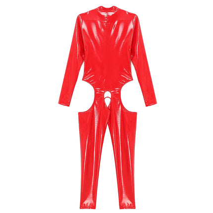 Women's Sexy Open Crotch Wet Look Jumpsuit Faux Leather Full Body Suit Latex Catsuit Long Sleeve Zipper Leotard One-Piece Clubwear