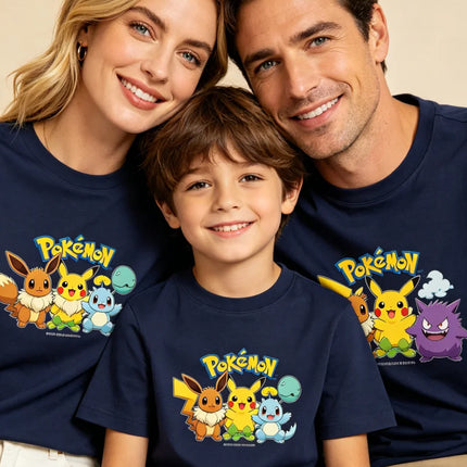 2026 Summer Pokemon Pikachu & Squirtle Family Matching T-Shirts, 100% Cotton Parent-Child Tops for Outdoor Play & Travel Y2k