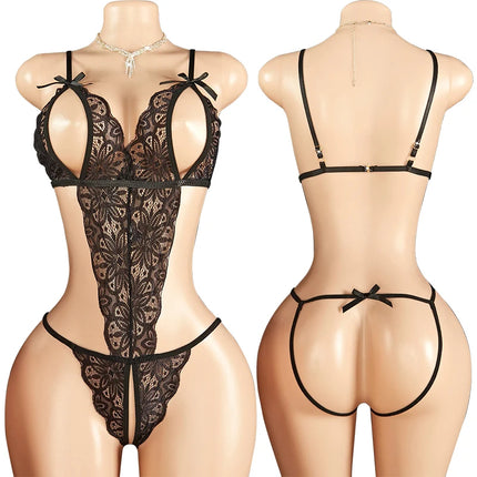 Female Sexy Lingerie Mesh Lace Floral Print Bra Set Teddy Crotchless Bodysuits For Plus Size Women Erotic Open Bra Underwear Set