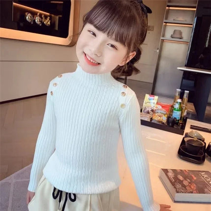 Girls Sweater Winter Decorative Buttons High Neck Solid Color Bottom Shirt Multicolour Children High Elasticity Knit Pullover