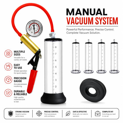 Manual Penis Vacuum Pump with Gauge, Acrylic Male Enlargement Extender Trainer, Masturbation Pump Adult Sex Toy Set for Men