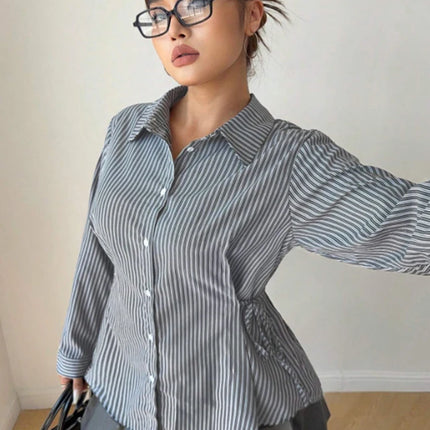 Plus Size Women's Striped Minimalist Shirt 2025 Autumn New Arrival Single-Breasted Long-Sleeved Shirt Casual & Office Wear