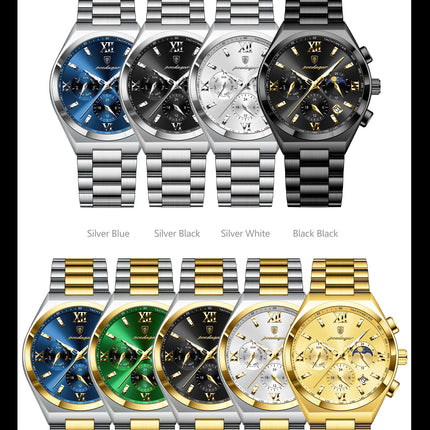 POEDAGAR Fashion Functional Men's Wristwatch Luminous Week Date Business Watch For Men Stainless Steel Sports Men's Quartz Watches