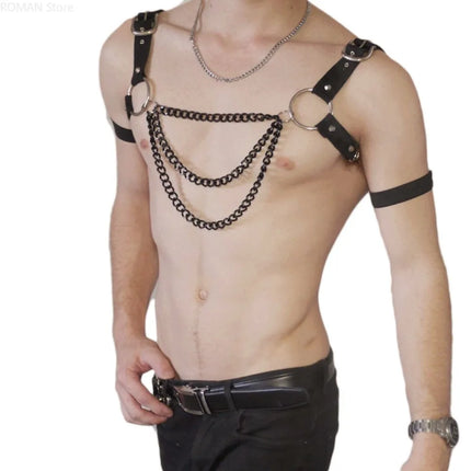 Punk Fashion Harness Men PU Leather Fetish Adjustable Caged Metal Body Chain Gay Clothing Suspenders Rave Belt Gothic Style