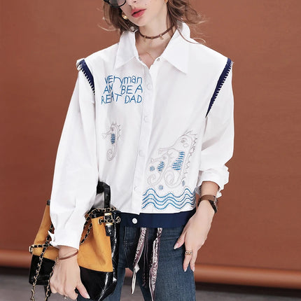 Women Embroidered Short Shirt Loose Fit Blouse Cropped Casual Cotton Top Long Sleeve Fashion Streetwea