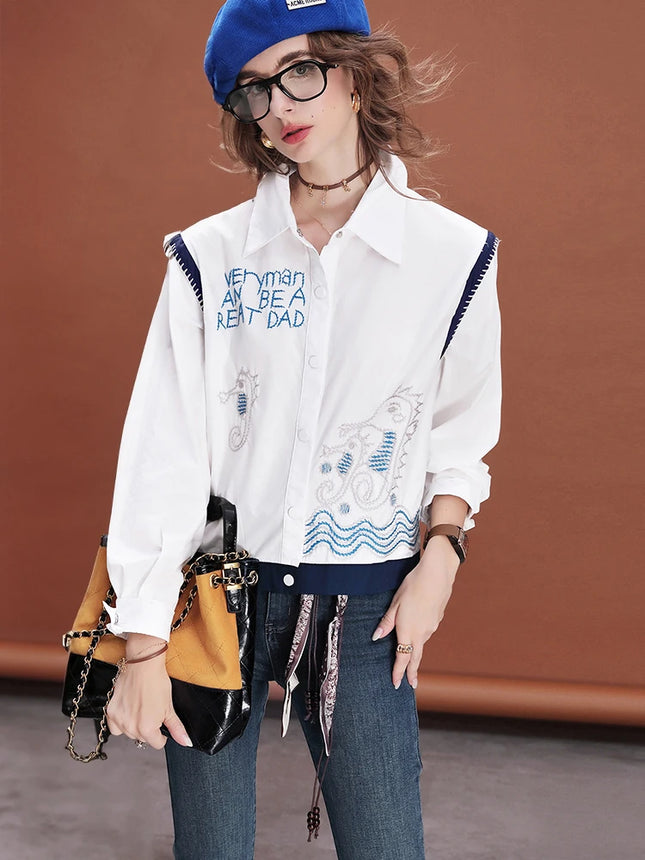 Women Embroidered Short Shirt Loose Fit Blouse Cropped Casual Cotton Top Long Sleeve Fashion Streetwea