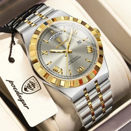 POEDAGAR Business Man Watch Week Date Waterproof Luminous Original Watches For Men Stainless Steel Men's Quartz Wristwatch Reloj