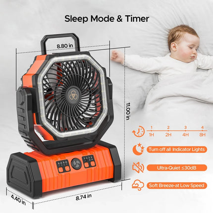 XIAOTREE Camping Fan 20000mAh Battery Powered Fan Rechargeable with LED Light Portable Outdoor Tent Fan with Hanging Hook