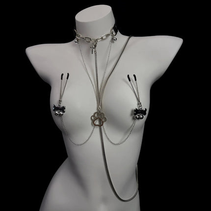 Women's Erotic Collar with Chain and Nipple Clamps Unisex Metal Bell Clamp BDSM Training Toy Body Jewelry Adult Sex Toy 18+