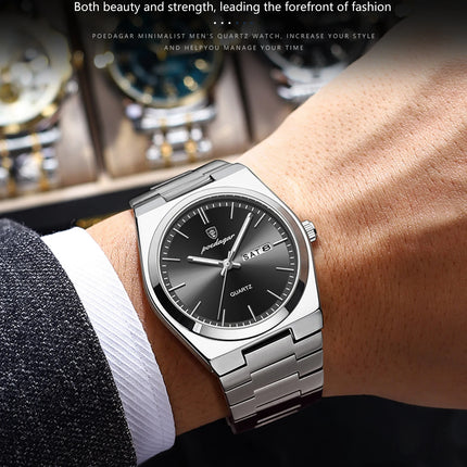 POEDAGAR Luxury Men's Quartz Wristwatch Waterproof Luminous Date Week Man Watch Stainless Steel Business Fashion Watches For Men