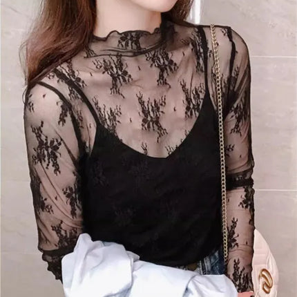 Sexy Black Hollow Out Mesh T-Shirt Transparent Mesh Female Tops Long Sleeve Basic Shirts SeeThrough Turtleneck Women Tshirts