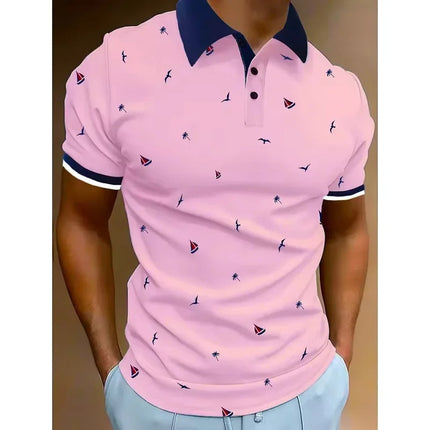 Summer Men's 3D Contrasting Collar Design Short Sleeved Lapel Golf Shirt Casual Style Summer Top