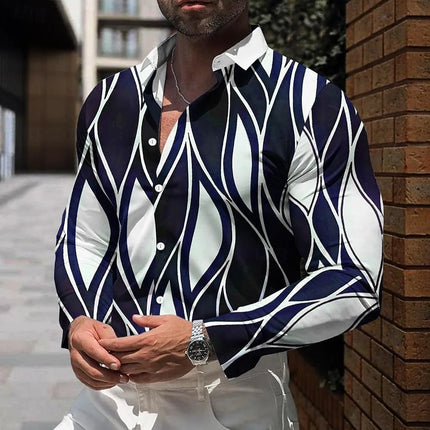 Men's long sleeved lapel shirt with button design and digital printing, casual and comfortable, fashionable to wear
