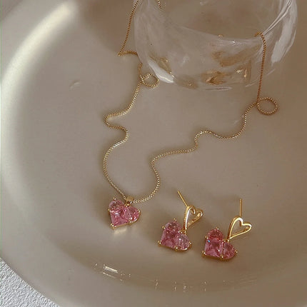 Y2K Heart Jewelry Set 3pcs Pink Crystal Zircon Pendant Earrings Necklace for Women Elegant Gift