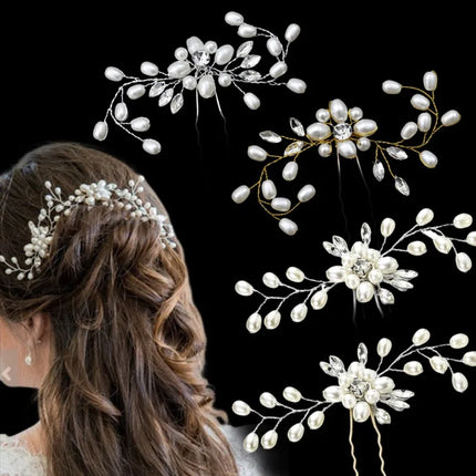 Elegant Pearl Crystal Hairpin Wedding Bridal U-shaped Metal Hair Comb Forks Hairstyle Clips Jewelry Accessories Design Tools