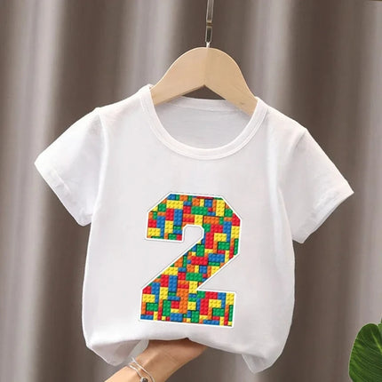 Summer Cotton Children's T-Shirt Building Blocks Bricks Print Number Cartoon Kid 2-9Y Birthday Funny Baby Tee Top Boy Girl Clothes