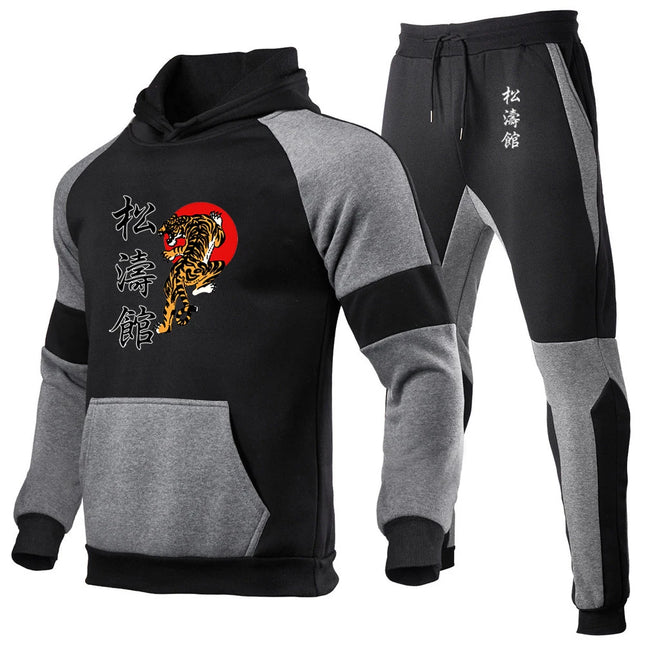 2025 Spring And Autumn Men's Shotokan Karate Logo Print Patchwork Hooded Hoodies+Leisure Sweatpants Sports Comfortable Sets