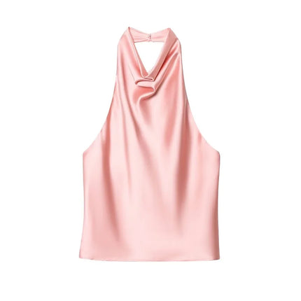 WOMEN 2025 Halter Tops for Women Black Satin Backless Top Female Pink Summer Beach Top Woman Off Shoulder Camisole Top Women