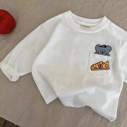 Children's Cartoon Cotton T-Shirt Long Sleeve New 2024 Model Boys Girls Pocket Base Layer Top Spring Autumn For Middle Large Kid