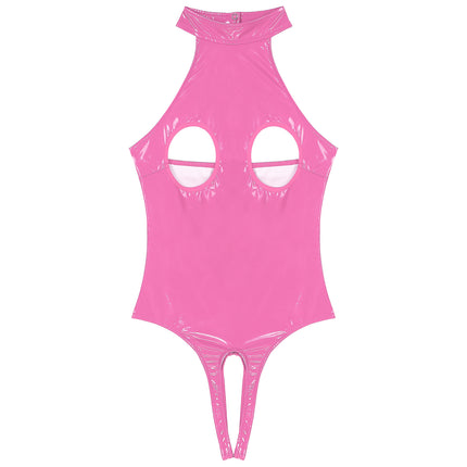 Womens Latex Lingerie Cutout Patent Leather Bodysuit Halter Neck Backless Crotchless Open Cup Teddies Leotard Erotic Clubwear