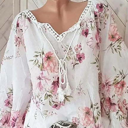 2026 Europe and the United States spring and summer new women's top V-neck splicing print large size long-sleeved shirt women