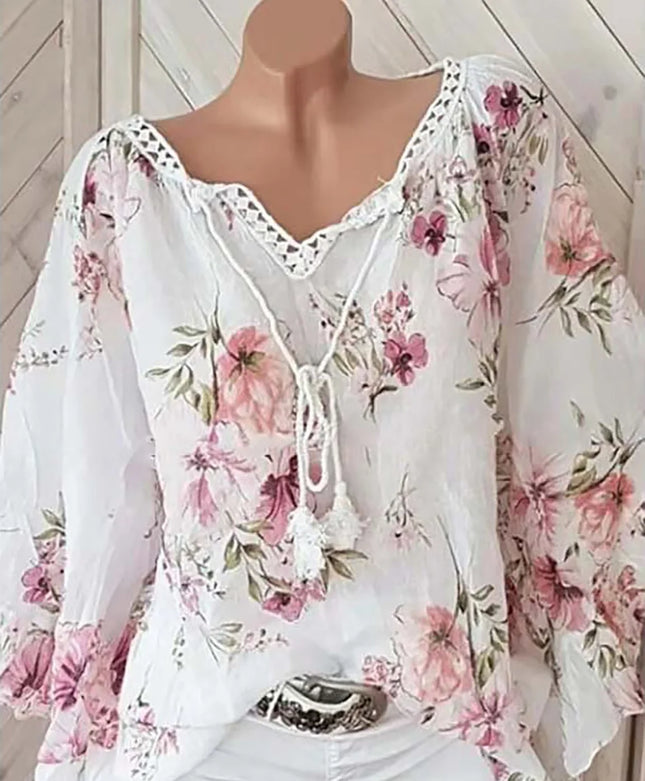 2026 Europe and the United States spring and summer new women's top V-neck splicing print large size long-sleeved shirt women