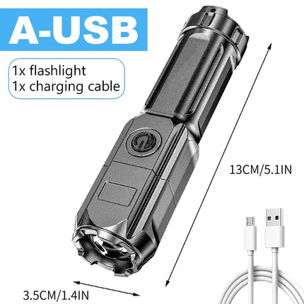 Powerful LED Camping Torch Flashlight High Power Rechargeable USB Waterproof Spotlight Telescopic Zoom Fishing Hunting Work Lamp