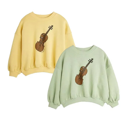 2025 New Children's Set Fashion Cartoon Violin Print Girl Sweatshirt Pants Set Korean Boy Hoodie Pullover Kids Clothes Girls