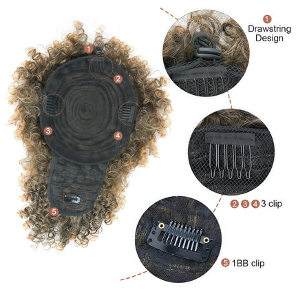 Ombre Brown Blonde Short Afro Puff Drawstring Ponytail Hair Bun, Synthetic Curly Bangs Wrap Around Headband Hairpieces for Women