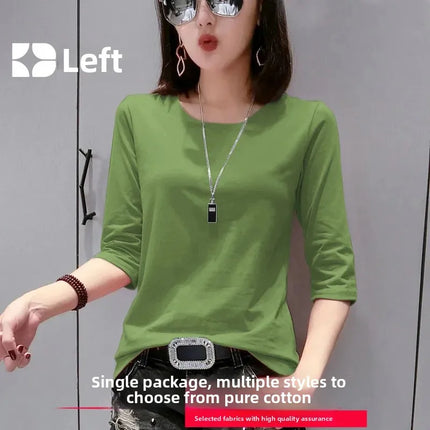 High-End Pure Cotton T-Shirt Women's Summer 3/4 Sleeve 2025 New Korean Style Fashionable Simple Slimming Top Body Shirt