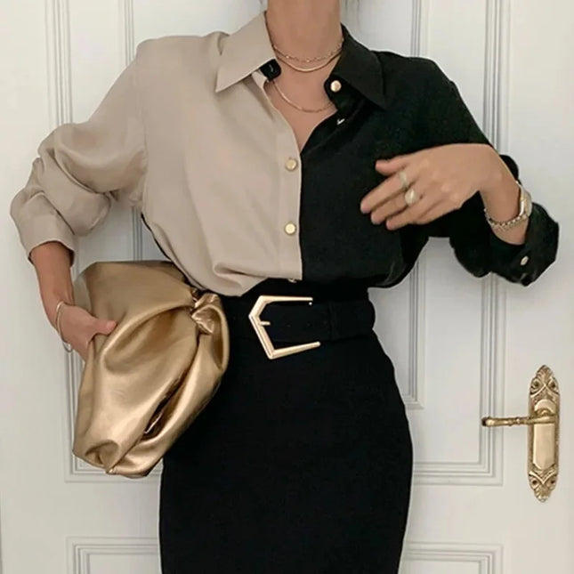 Chic2024 Spring Autumn Collection Vintage Color Block Design Long Sleeve Shirt Women's Top Korean Style Fashionable Clothing