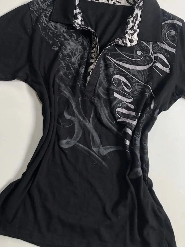 Vintage Y2k T-shirt Polo Letter Print 90s Slim Goth Punk Aesthetic Harajuku Summer Woman Clothes Streetwear Crop Top Grunge Tees