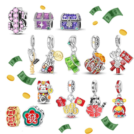 Lucky 925 Sterling Silver Money Tree Lucky Cat God of Wealth Dollar Treasure Charm Fit DIY Bracelet Necklace Good Luck Wish Gift