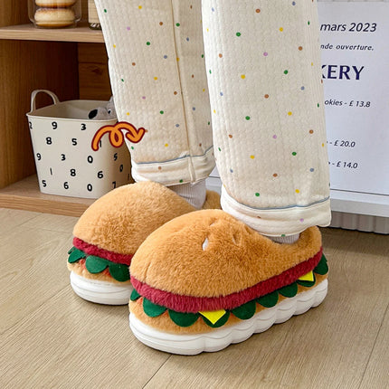 Creative Simulation Hamburger Slippers Women Men Funny Thick Sole Plush Shoes Non-Slip Soft Bottom 3D Cartoon Slides Indoor Home