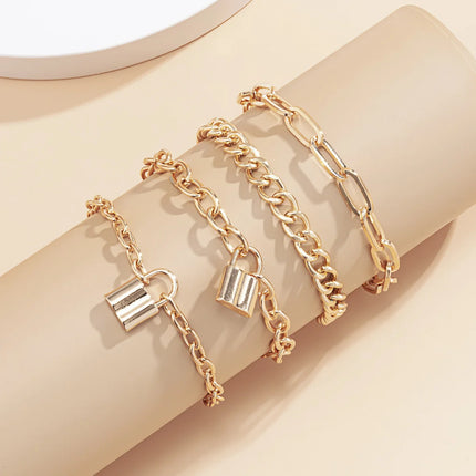 4pcs Punk Curb Cuban Chain Bracelets Set for Women Simple Thick Gold Color Charm Bracelets Fashion Jewelry Accessories New