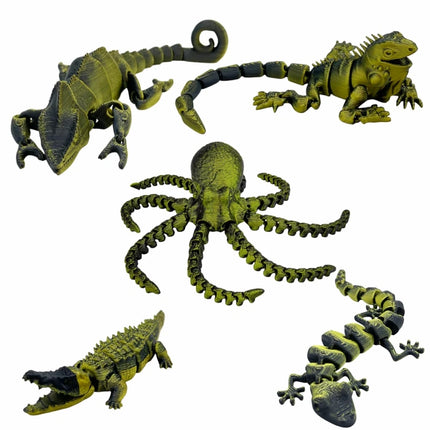 5-Piece Set of Chameleon, Lizard, Octopus, Crocodile, and Gecko Animal Figures, Jointed, Toys，Desktop Ornament, Perfect Gift