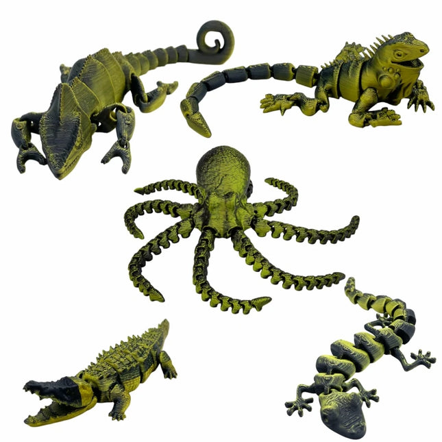 5-Piece Set of Chameleon, Lizard, Octopus, Crocodile, and Gecko Animal Figures, Jointed, Toys，Desktop Ornament, Perfect Gift