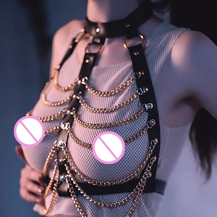 Women Sexy Chest Harness Leather Lingerie Suspenders Chain Collar Bra Bondage Belt Gothic Fetish Clothing Sex Toys Accessorie