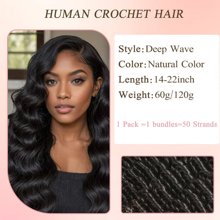 Deep Wave Feather Crochet Human Hair Pre-Separated Knotless Crochet Human Hair Extensions For Braiding Natural Color 50 Strands
