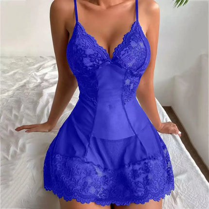 Women's Lace Tight Fitting Clothes Sexy Transparent Pajamas Flower Lace Sheer Dress Sexy Mesh Fabric Dress Pajamas