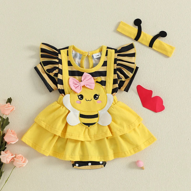Summer Newborn Baby Rompers Infant Short Sleeve Striped Bee Embroidery Casual Girls Jumpsuits with Headband Baby Clothes 0-18M