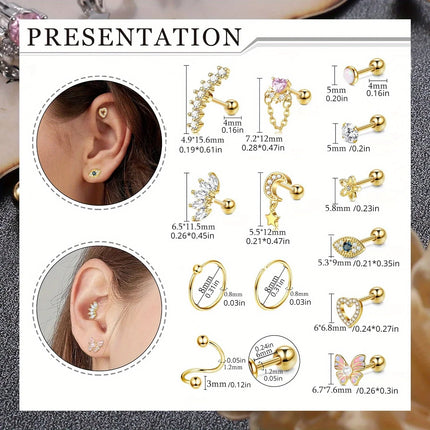 Drperfect 1pc Stainless Steel 16G Cartilage Earrings Stud Hypoallergenic Stainless Steel Stud Earrings Butterfly Heart Piercing