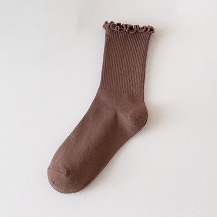 Cotton Socks for Women Girls Ruffle Top Solid Color Spring Autumn Breathable Soft Mid-calf Sock 1 Pair or 2 Pairs