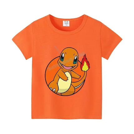 Pokemons Pikachu Cotton T Shirt Psyduck Squirtle Charmander Eevee Tees Shirt Kawaii Cartoon Clothes Boys Girls Summer Tops Gift